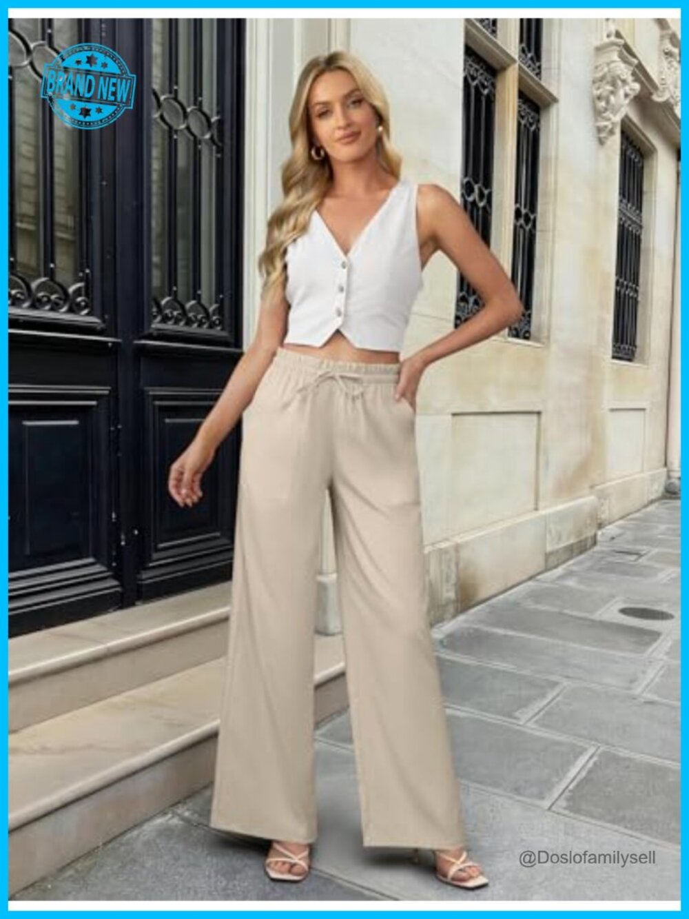 High Waisted Linen Wide Leg Palazzo Pants with Pockets - Picture 3 of 7